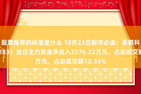 股票推荐的标准是什么 10月23日股市必读：豪鹏科技（001283）当日主力资金净流入2576.22万元，占总成交额12.35%