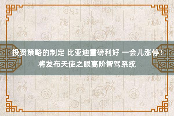 投资策略的制定 比亚迪重磅利好 一会儿涨停！将发布天使之眼高阶智驾系统