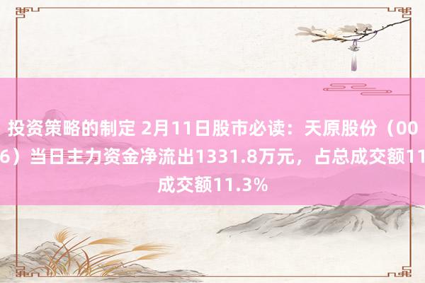 投资策略的制定 2月11日股市必读：天原股份（002386）当日主力资金净流出1331.8万元，占总成交额11.3%